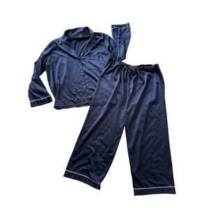 Natori Pajamas Women's XL Dark Blue Satin 2 Piece Shirt/Pants Buttoned